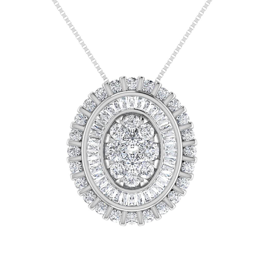 14K White Gold 3/4.Tw. Round and Tapper Diamond Invisible Oval Shape Pendant Pendant