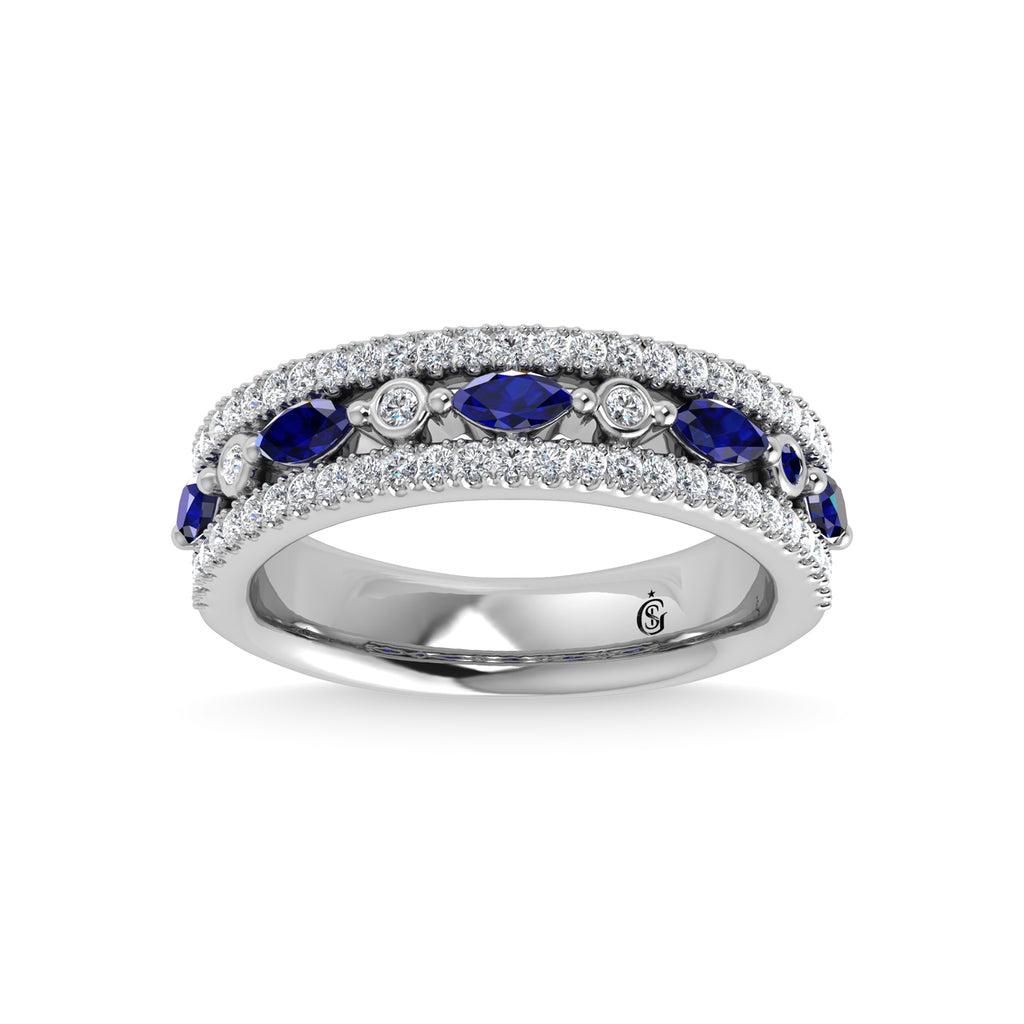 14K White Gold Diamond 7/8 Ct.Tw. And Blue Sapphire Fashion Band