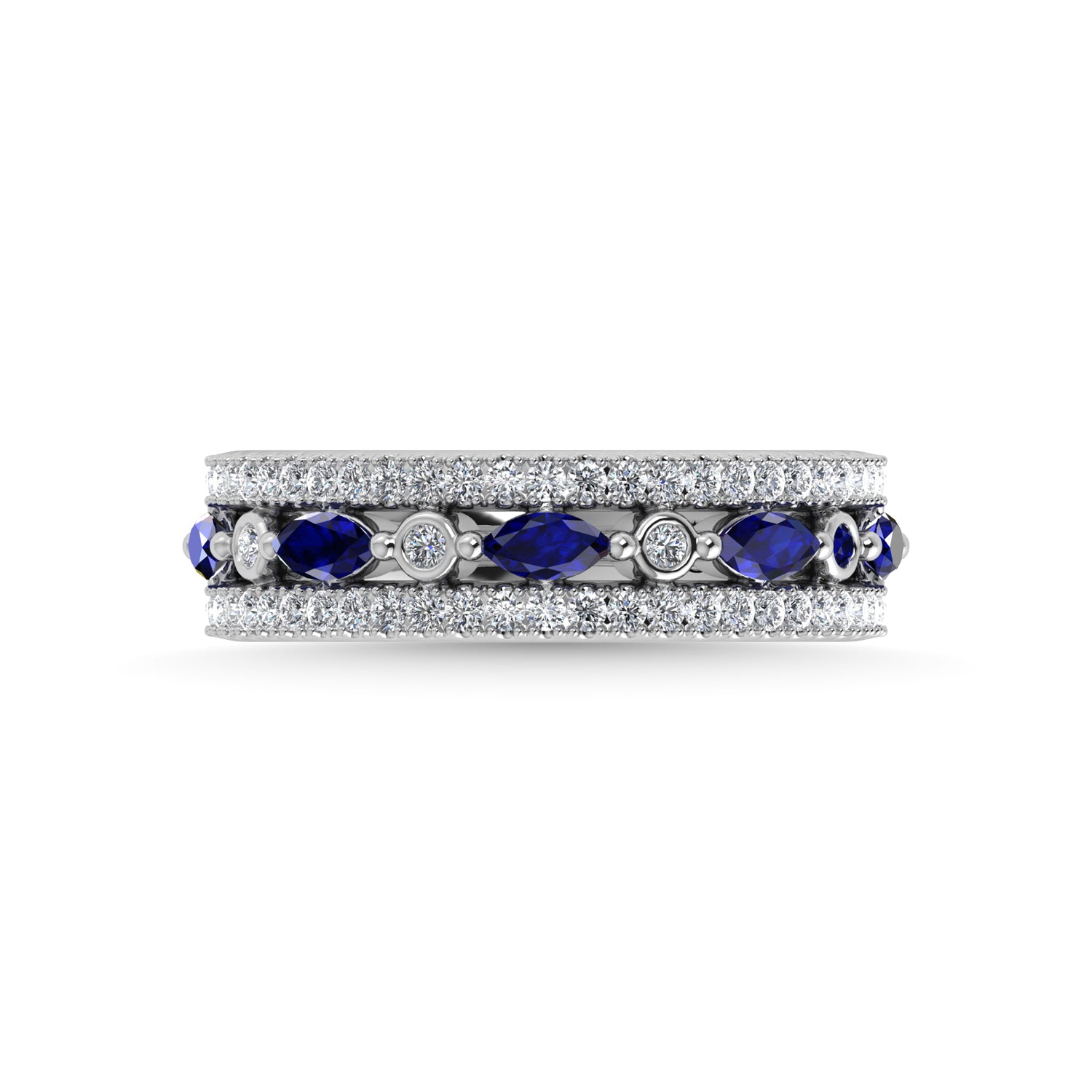 14K White Gold Diamond 7/8 Ct.Tw. And Blue Sapphire Fashion Band