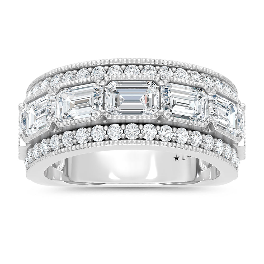 14K White Gold Lab Grown Diamond 4 Ct.Tw. Emerald and Round Fashion Band