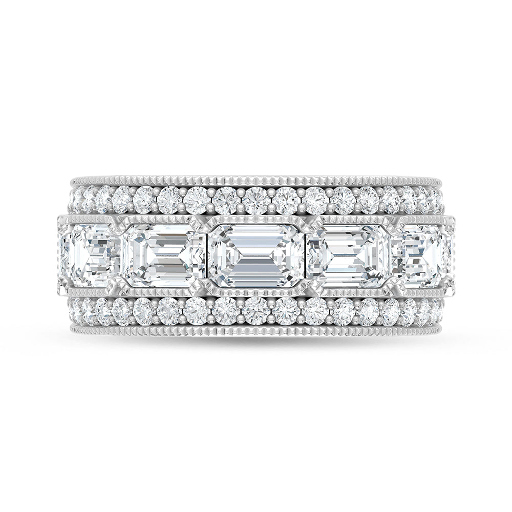 14K White Gold Lab Grown Diamond 4 Ct.Tw. Emerald and Round Fashion Band